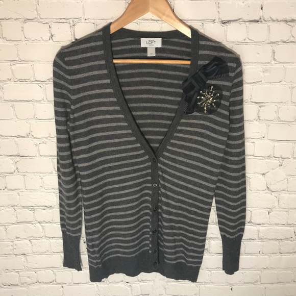 Loft Striped Button Down Cardigan Embellished - Picture 1 of 4